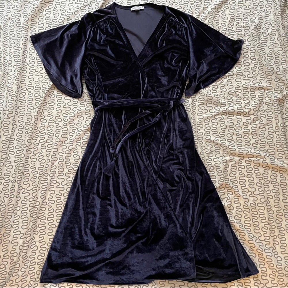 Velvet flutter sleeve wrap dress